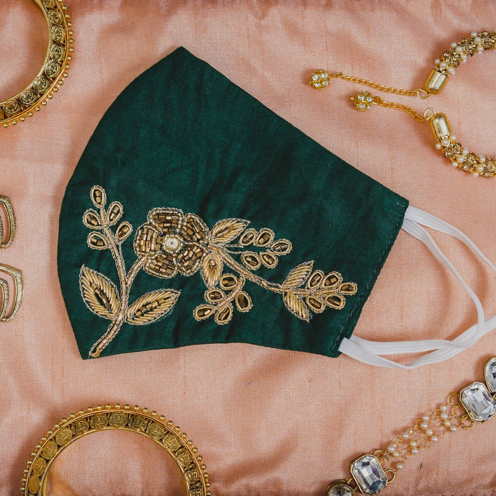
                  
                    Leaf Textured Embroidery on Bottle Green Coloured Cotton Face Mask - Maxim Creation
                  
                