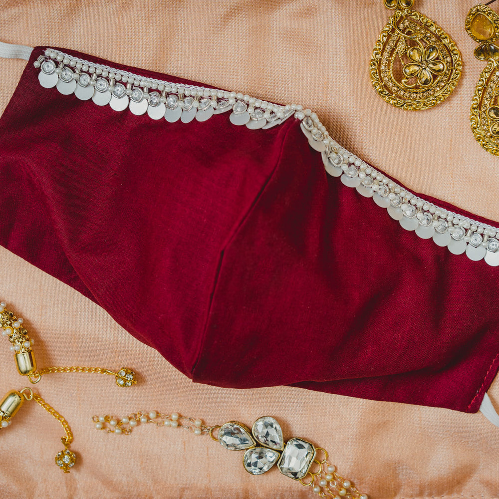 
                  
                    Red Cotton Face Mask with Hanging Tassel Embroidery - Maxim Creation
                  
                