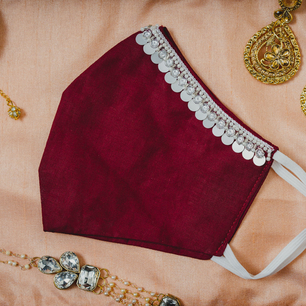 
                  
                    Red Cotton Face Mask with Hanging Tassel Embroidery - Maxim Creation
                  
                