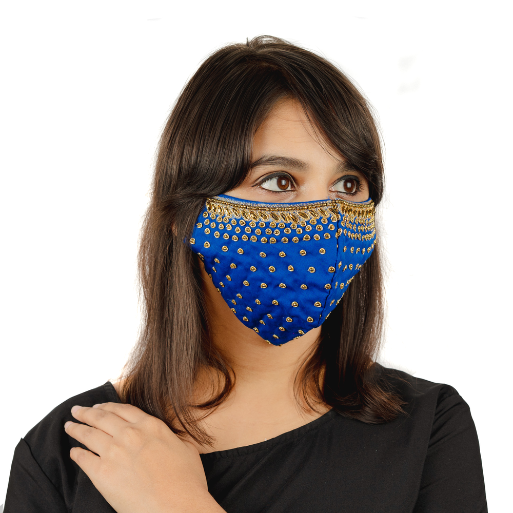 
                  
                    Gold Embroidery on Royal Blue Cotton Mask - Maxim Creation
                  
                