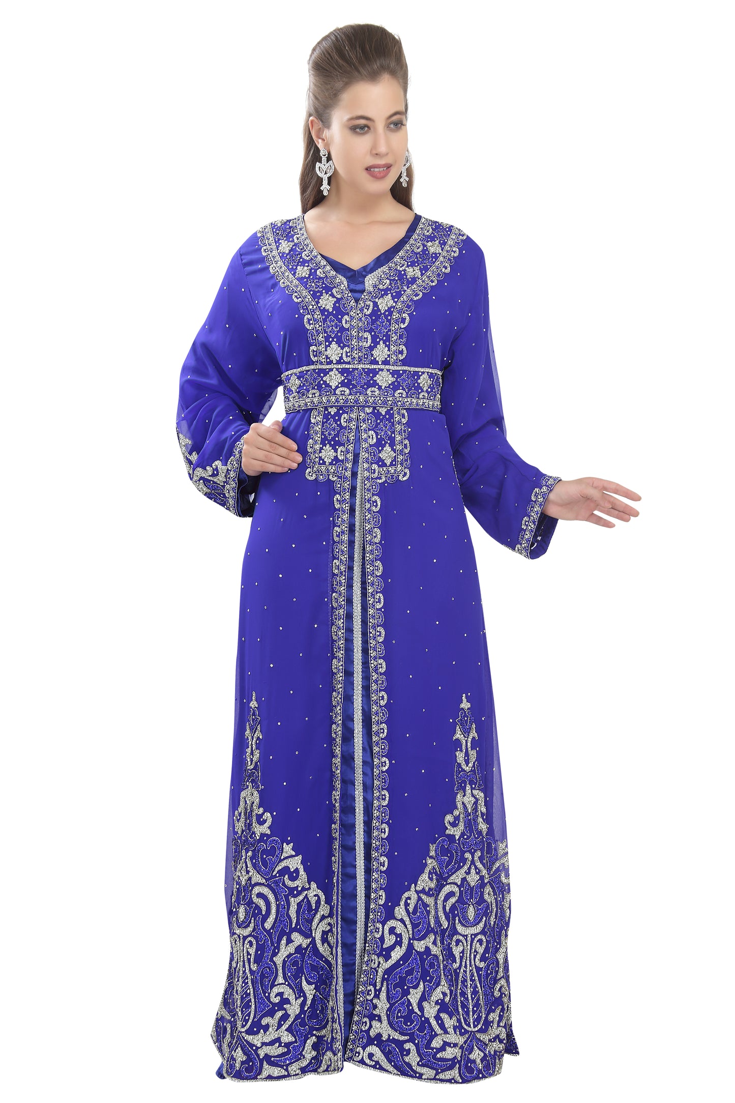 SILVER HAND EMBROIDERED DUBAI KAFTAN 5533 - Maxim Creation