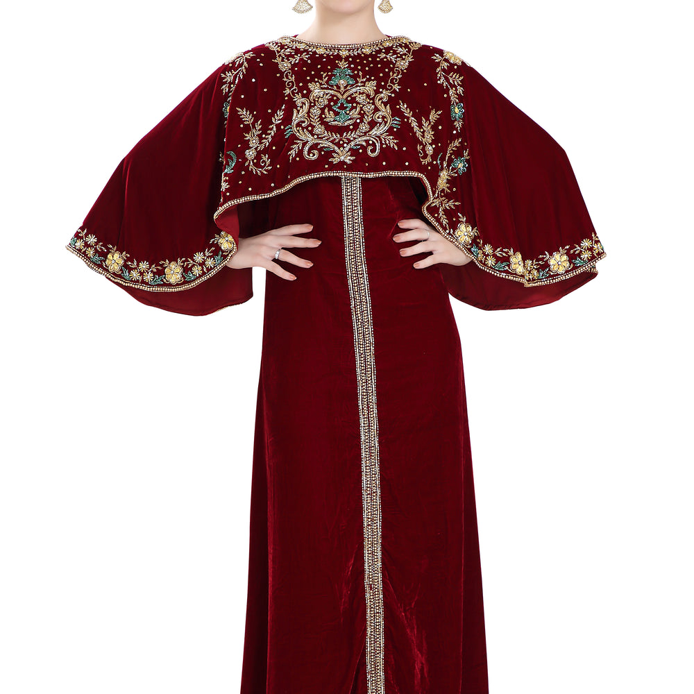 Embroidered Maxi in Maroon Velvet Fabric - Maxim Creation