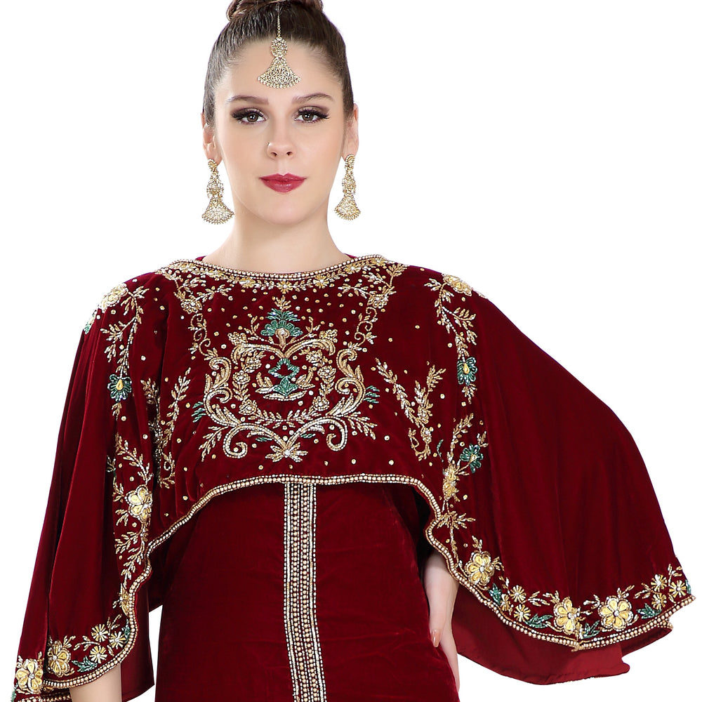 Embroidered Maxi in Maroon Velvet Fabric - Maxim Creation