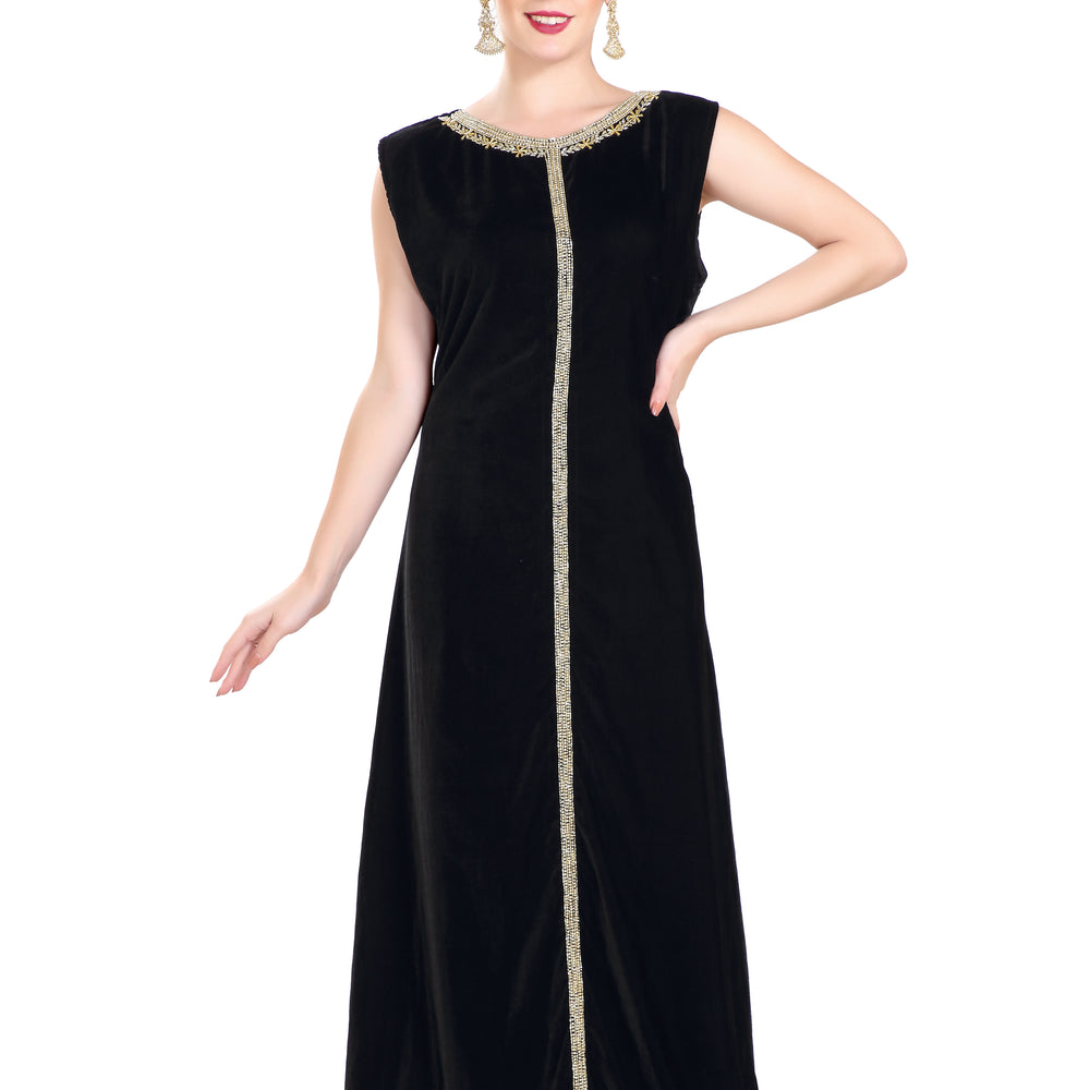 
                  
                    Arabian Kaftan Velvet Fabric with Colorful Crystal Embroidered Dress - Maxim Creation
                  
                