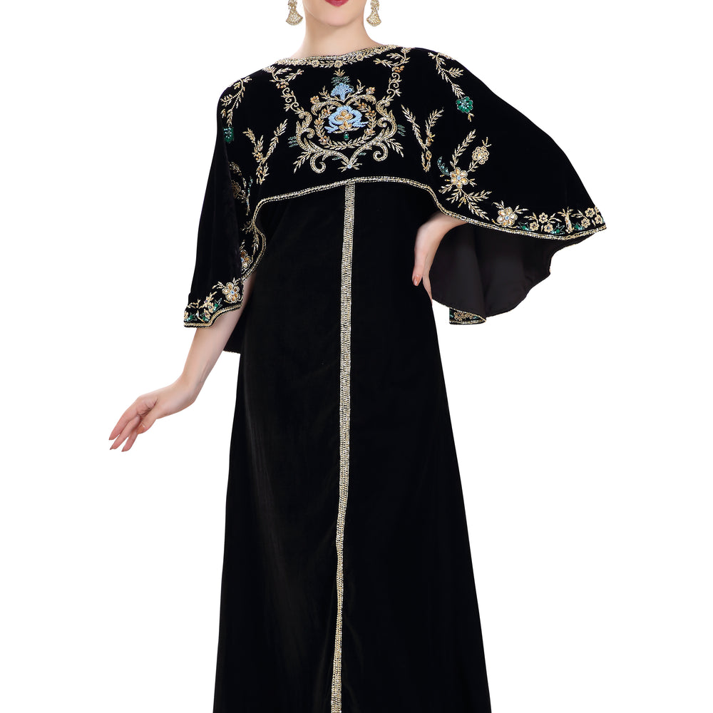 
                  
                    Arabian Kaftan Velvet Fabric with Colorful Crystal Embroidered Dress - Maxim Creation
                  
                