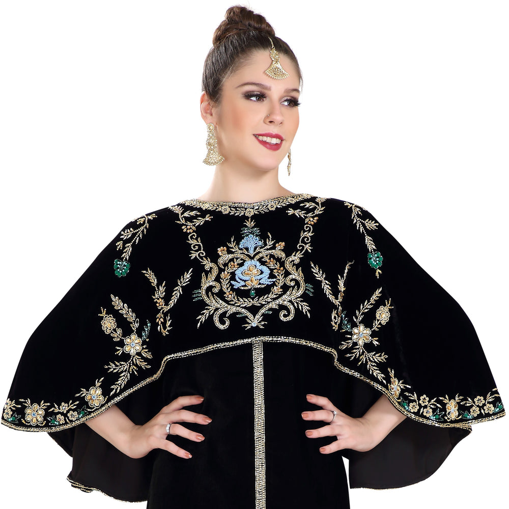 
                  
                    Arabian Kaftan Velvet Fabric with Colorful Crystal Embroidered Dress - Maxim Creation
                  
                