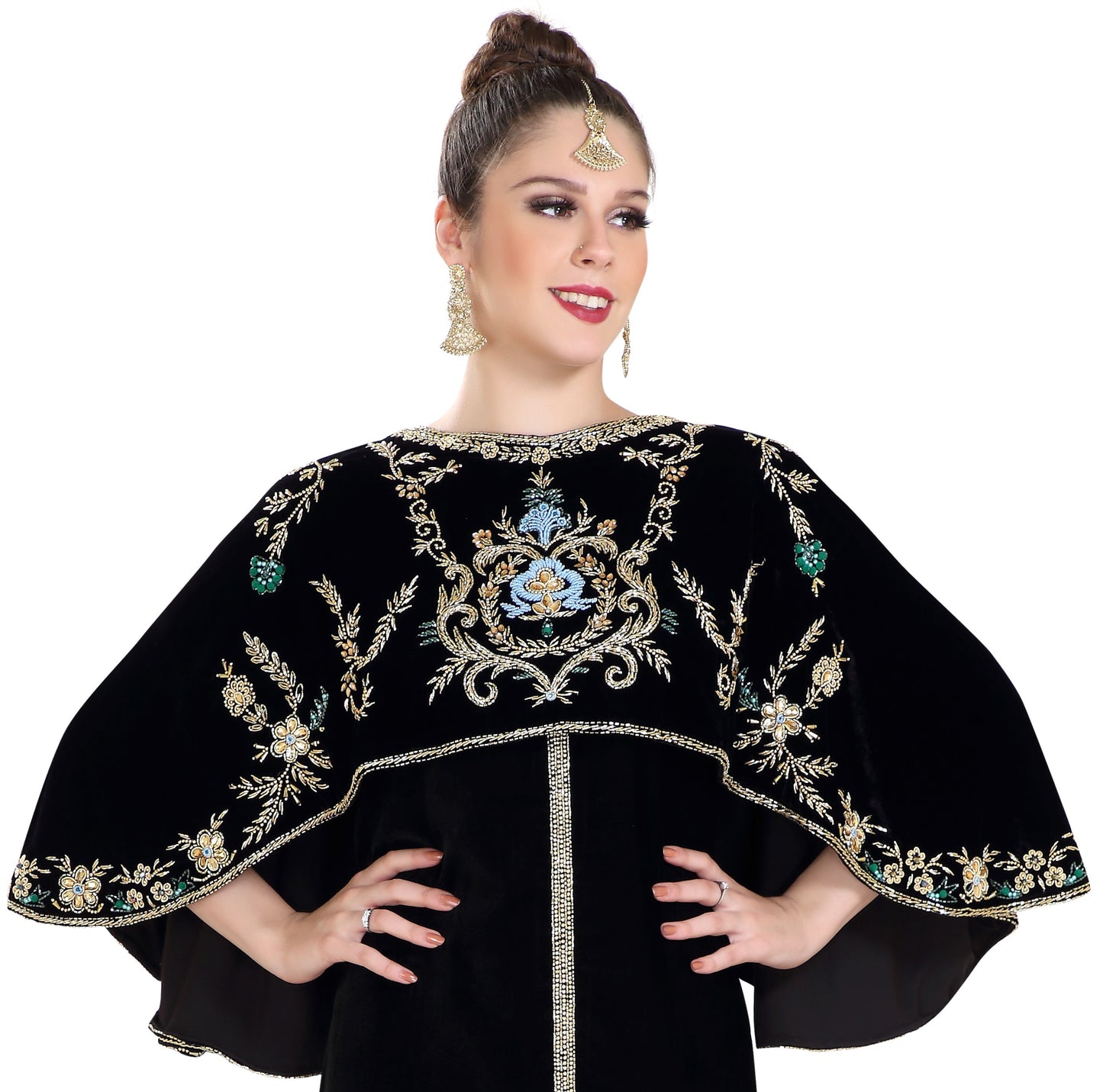 Arabian Kaftan Velvet Fabric with Colorful Crystal Embroidered Dress - Maxim Creation