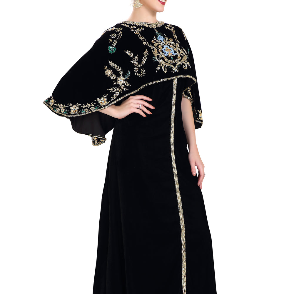 
                  
                    Arabian Kaftan Velvet Fabric with Colorful Crystal Embroidered Dress - Maxim Creation
                  
                