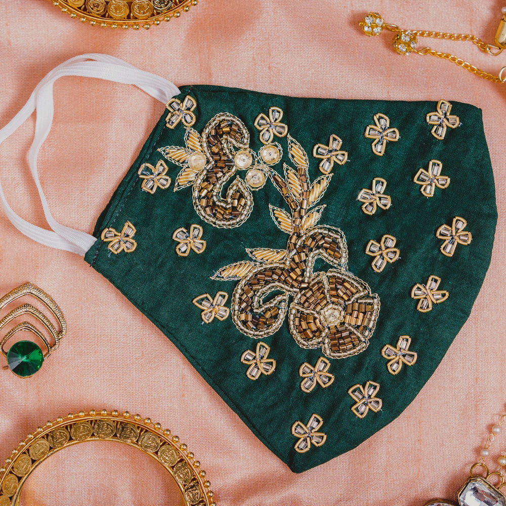 
                  
                    Emerald Green Cotton Face Mask with Floral Embroidery - Maxim Creation
                  
                